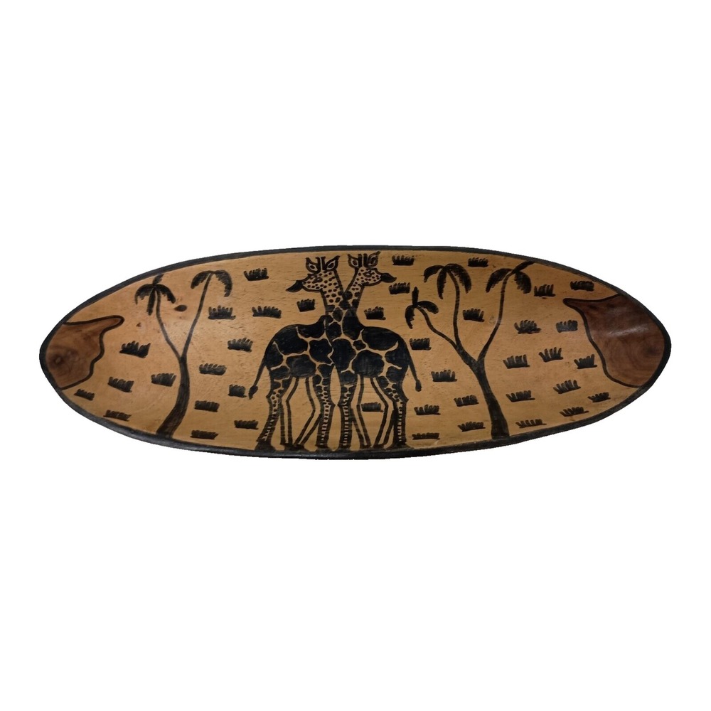 Vintage Wooden Giraffe Bowl Tray Handmade Oval African Folk‎ Art Decorative